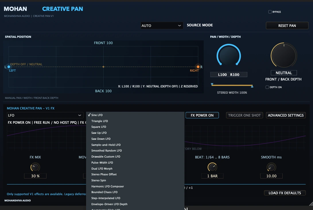 Real MOHAN CREATIVE PAN V1 interface showing Create smooth or stepped motion